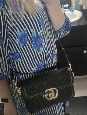 🖤 Gucci Black Canvas GG Marmont Bag with Gold Hardware So Freaking Cute